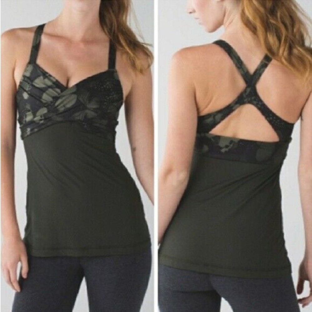 Lululemon Wrap it up Green Camo Tank Butterfly Print Racerback Sports Tank Sz8